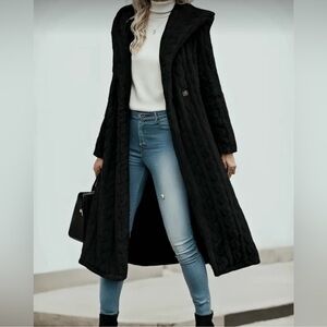 Black Cozy Solid Textured Open Front Long Hoodie Jacket Coat S M L XL XXL